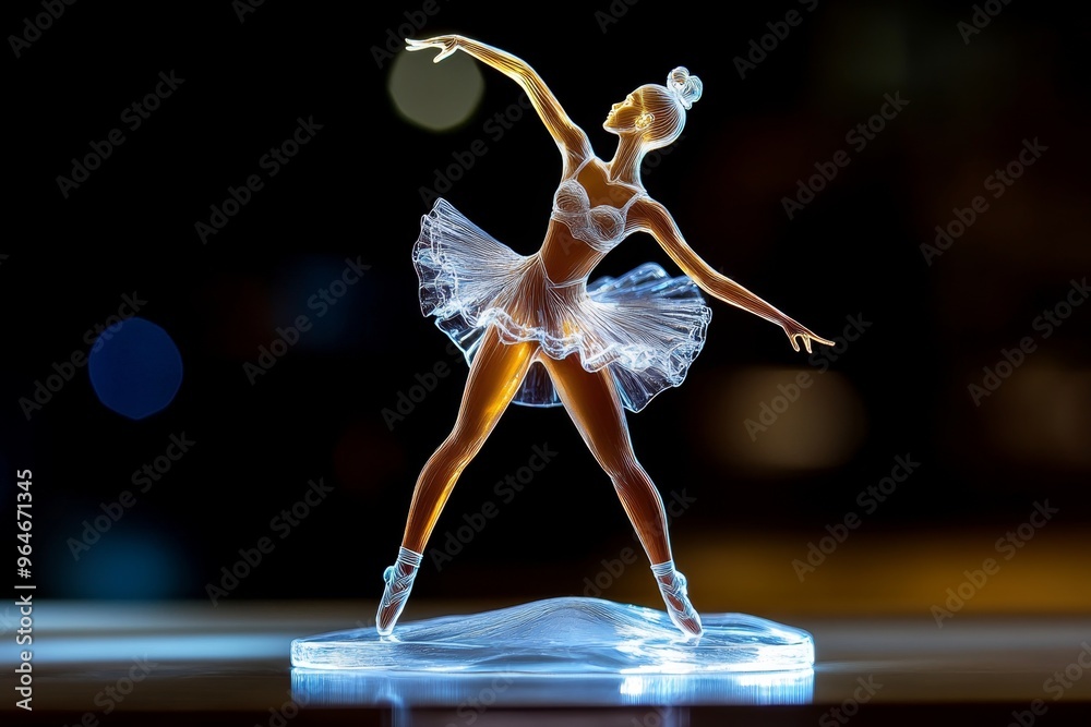 Obraz premium Glass figurine of a ballerina poised delicately on one foot, her translucent skirt catching the light