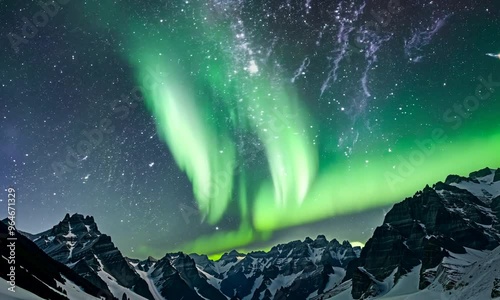 W malowniczym górskim krajobrazie, zorza polarna rozświetla nocne niebo, tworząc dynamiczne widowisko świetlne.