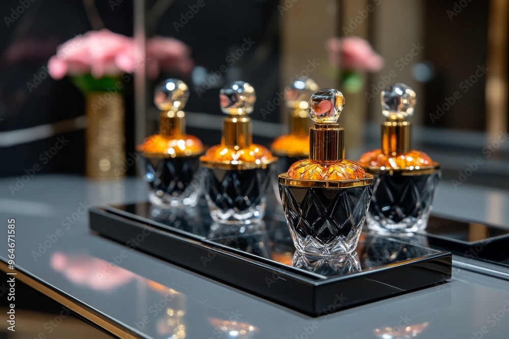 Glass perfume bottles arranged neatly on a vanity their delicate stoppers reflecting the surrounding light Glass perfume bottles arranged neatly on a vanity their delicate stoppers reflecting the surrounding light