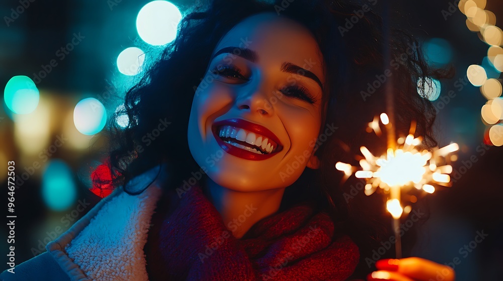 A young woman smiles brightly, holding a sparkler, lit against a backdrop of blurred city lights. A young woman smiles brightly, holding a sparkler, lit against a backdrop of blurred city lights.