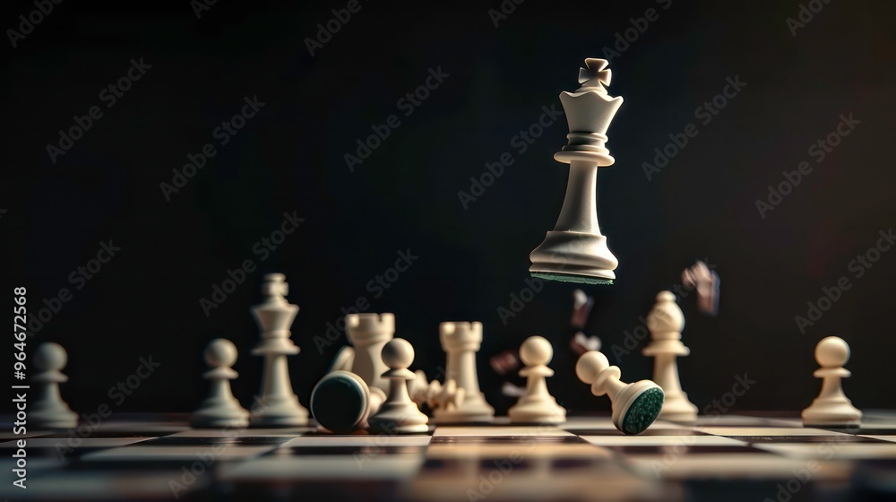 A white chess queen is suspended in mid-air above a chessboard with other pieces, suggesting a powerful move or a moment of victory. A white chess queen is suspended in mid-air above a chessboard with other pieces, suggesting a powerful move or a moment of victory.