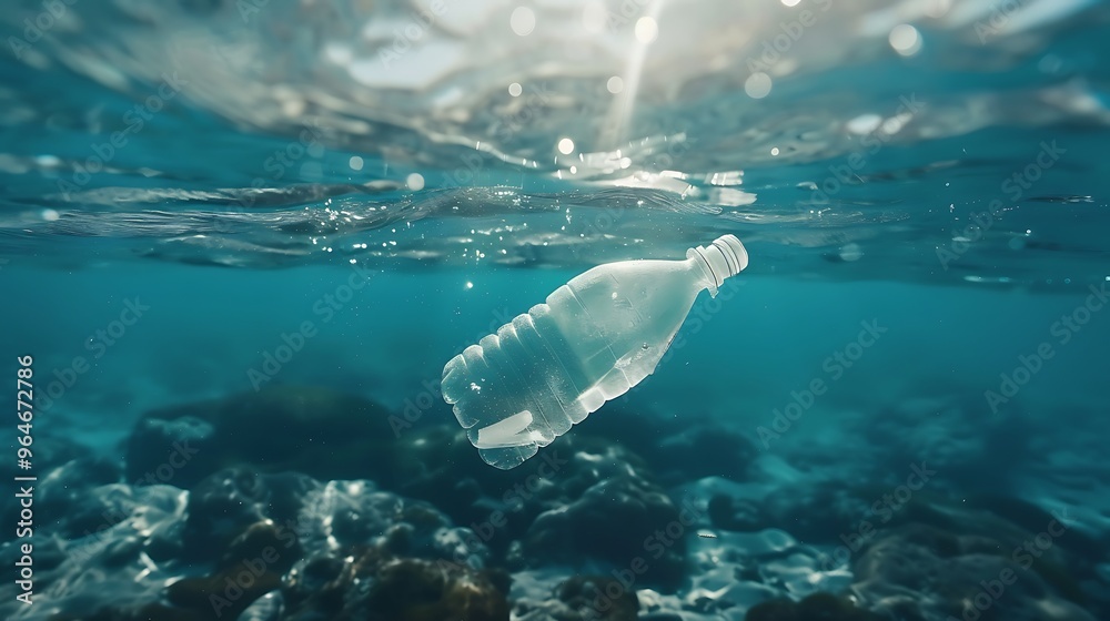 Fototapeta premium plastic bottle and cup in blue water.