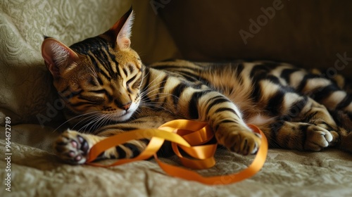 A sleeping Bengal cat rests with an orange ribbon on a textured surface.