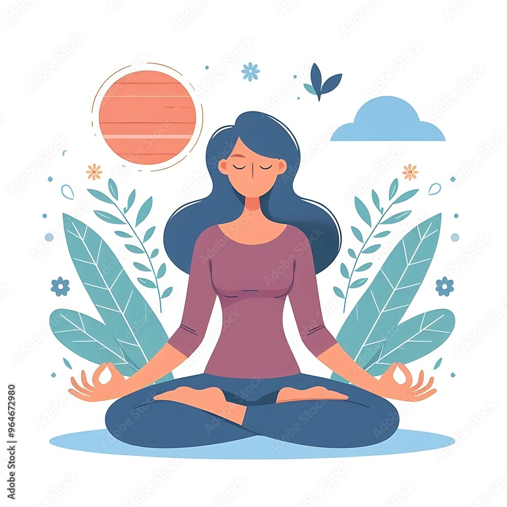 Young woman meditate flat style illustration, leaves on background, white background, isolated, pastel colors Young woman meditate flat style illustration, leaves on background, white background, isolated, pastel colors