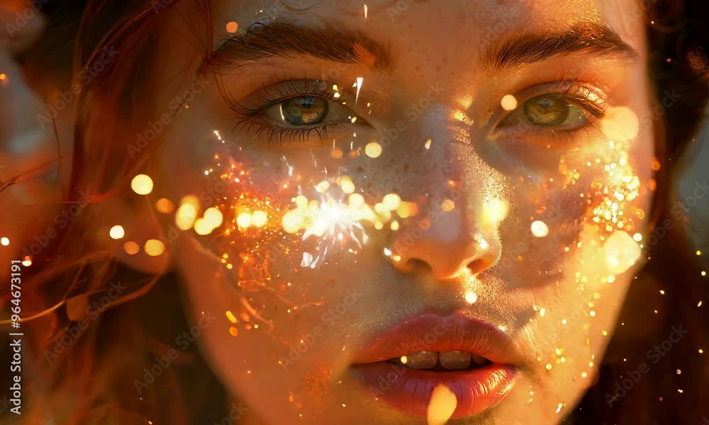 Ember glow in the forest: A magical fire fairy girl surrounded by shimmering sparks Ember glow in the forest: A magical fire fairy girl surrounded by shimmering sparks