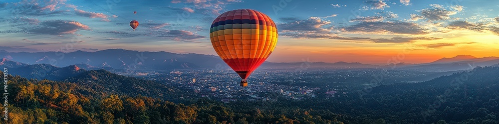Colorful balloons hovering over the mountains at dawn, against a background of blue sky and greenery Colorful balloons hovering over the mountains at dawn, against a background of blue sky and greenery