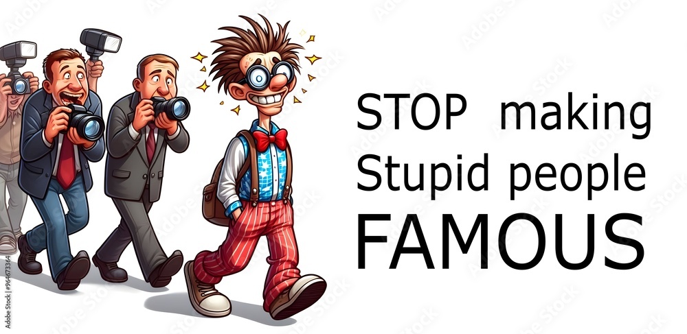 Cartoon Idiot Man With Camera Paparazzi Following On A White Background Cartoon Idiot Man With Camera Paparazzi Following On A White Background