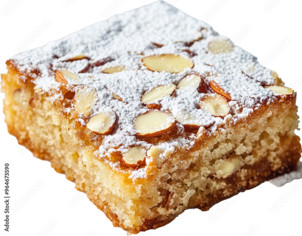 Close-up of almond cake slice topped with powdered sugar
Close-up of almond cake slice topped with powdered sugar