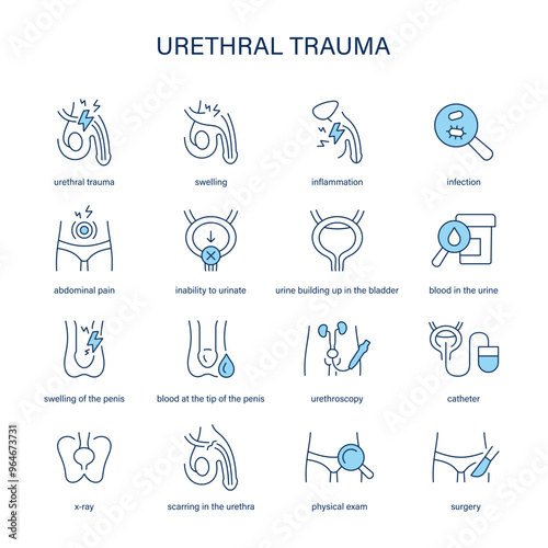 Urethral Trauma symptoms, diagnostic and treatment vector icons. Medical icons.