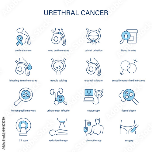 Urethral Cancer symptoms, diagnostic and treatment vector icons. Medical icons. photo