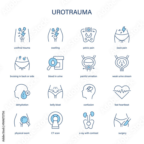 Urotrauma symptoms, diagnostic and treatment vector icons. Medical icons.