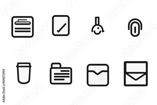 A collection of 8 simple, black-and-white minimalist icons representing office and communication tools.