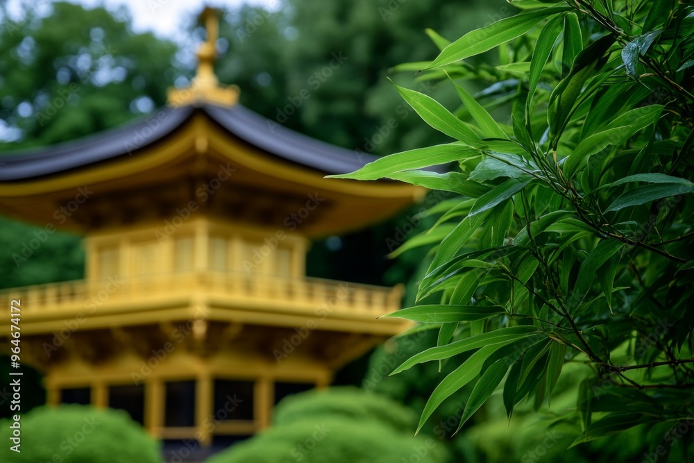 Golden Pavilion viewed through a canopy of bamboo adding an element of tranquility and seclusion to the scene Golden Pavilion viewed through a canopy of bamboo adding an element of tranquility and seclusion to the scene