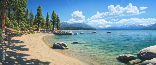 A sandy beach with crystal clear water and mountains in the background on a sunny day. photo