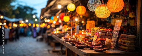 Vibrant market scene at dusk, filled with glowing lanterns and colorful wares, capturing the essence of bustling night life.