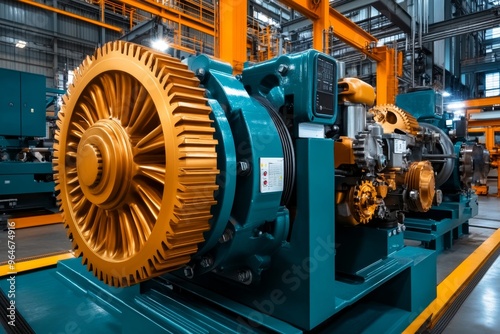 Industrial engine driving massive machinery in a bustling factory, surrounded by gears and pistons