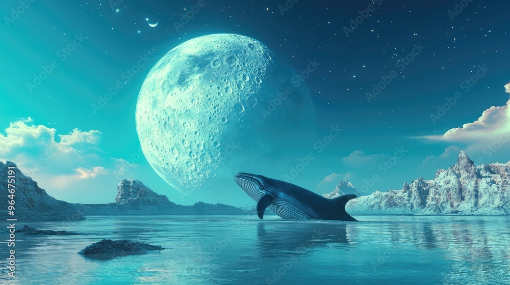 A moon and its whale friend, reunited under a bright blue sky, with soft moonlight illuminating the scene, rendered with exquisite C4D details A moon and its whale friend, reunited under a bright blue sky, with soft moonlight illuminating the scene, rendered with exquisite C4D details
