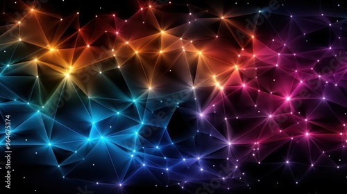 Vibrant Geometric Network Background. Abstract Colorful Polygonal Space with Connected Lines and Dots on Dark Backdrop. Graph Theory