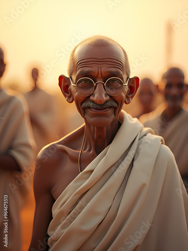 Mahatma Gandhi (Gandhiji) smiling happily among people in India with Indian flag in the background