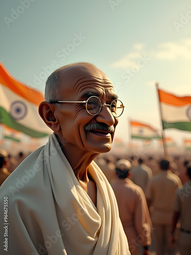 Mahatma Gandhi (Gandhiji) smiling happily among people in India with Indian flag in the background