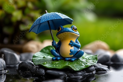 Kawaii cute figurine of a frog sitting on a lily pad under a tiny umbrella, enjoying a light rain shower photo