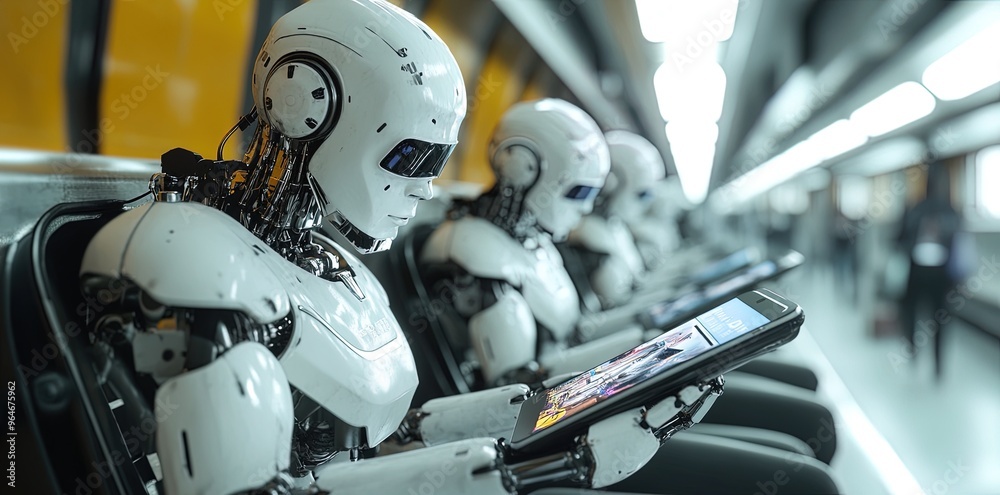 Fototapeta premium Robots using digital tablet technology on public transport