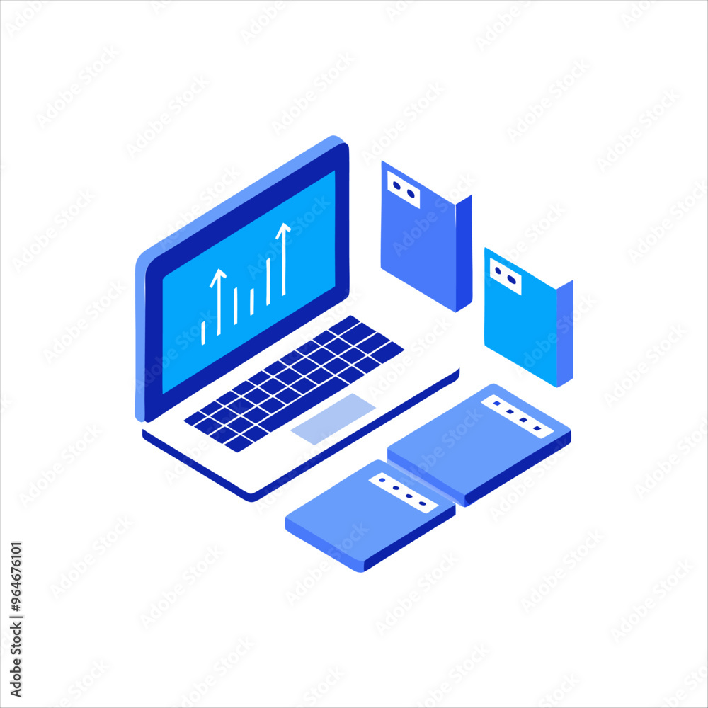 Isometric illustration of dual laptop with coding data analytics and AI symbol in a modern style, Isometric illustration of dual laptop with coding data analytics and AI symbol in a modern style,