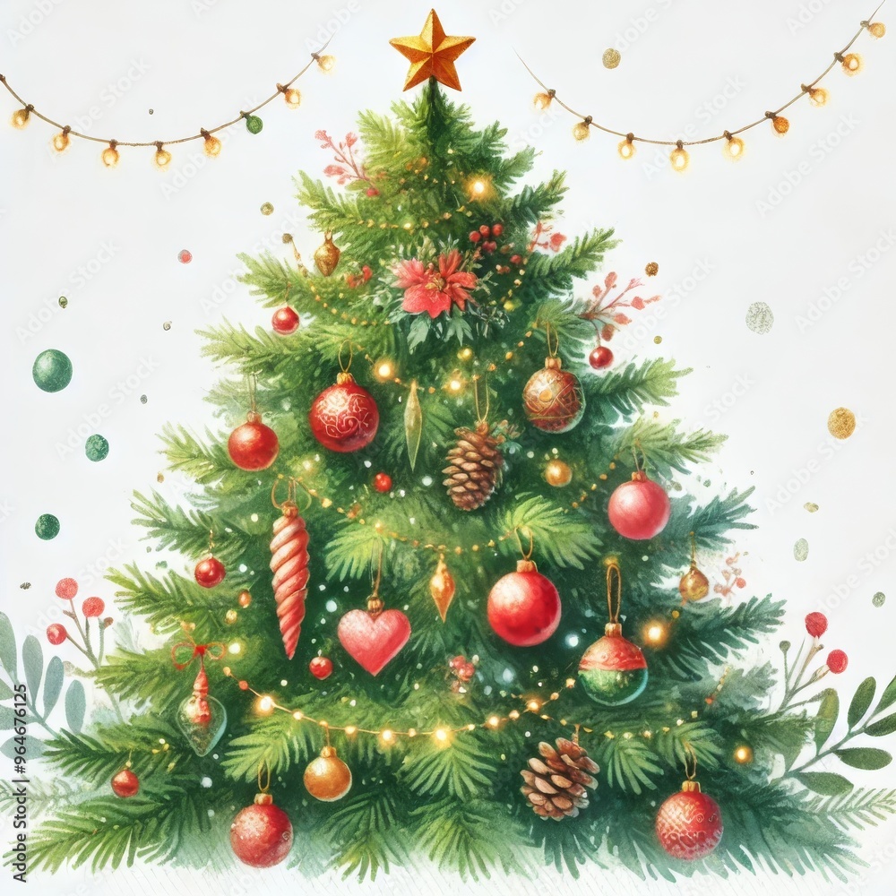 A Christmas tree in a watercolor illustration style, designed as clipart with a white background. The tree is decorated with classic holiday A Christmas tree in a watercolor illustration style, designed as clipart with a white background. The tree is decorated with classic holiday