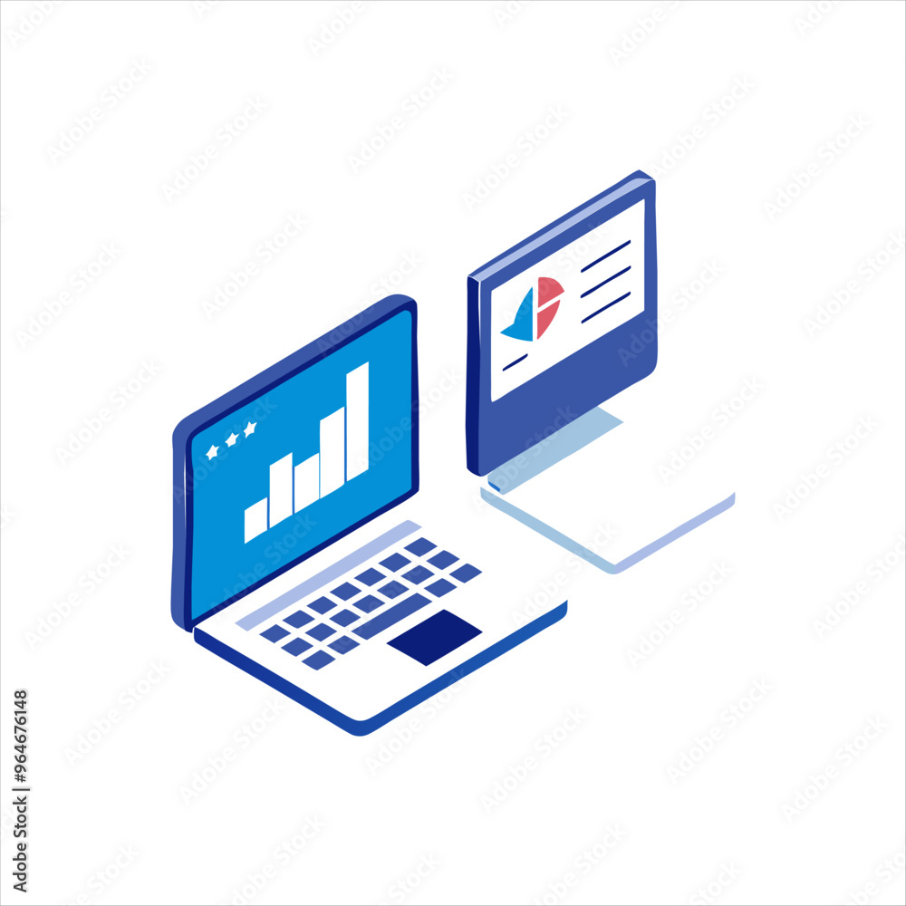 Isometric illustration of dual laptop with coding data analytics and AI symbol in a modern style, Isometric illustration of dual laptop with coding data analytics and AI symbol in a modern style,