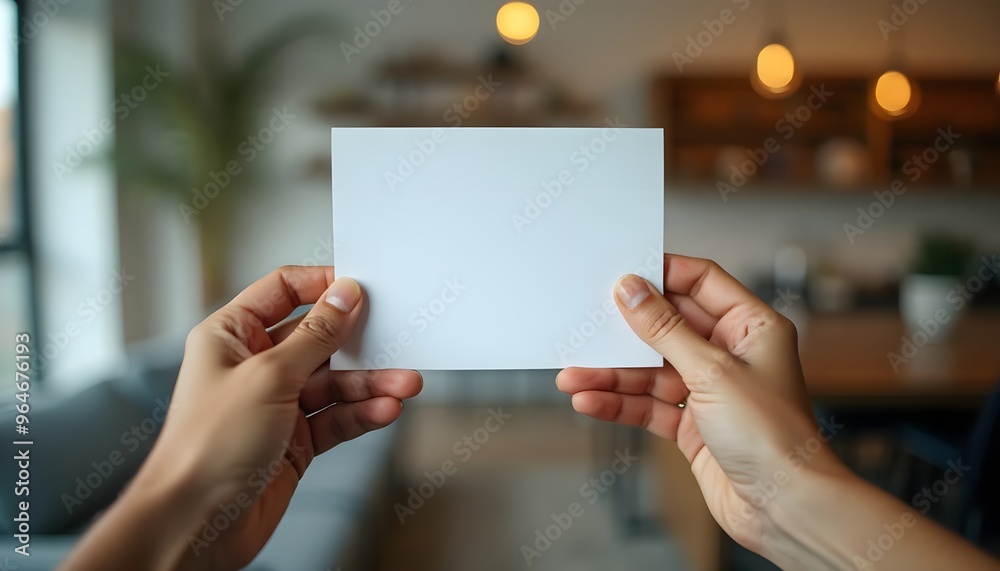 Hands holding a blank card in a warm living room. Hands holding a blank card in a warm living room.