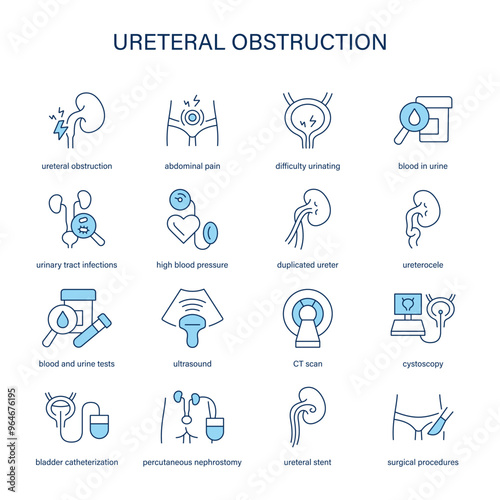 Ureteral Obstruction symptoms, diagnostic and treatment vector icons. Medical icons.	