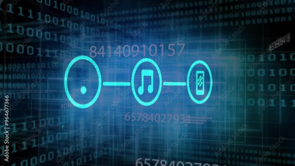 Animation of icons with connections over binary coding digital data processing on dark background Animation of icons with connections over binary coding digital data processing on dark background