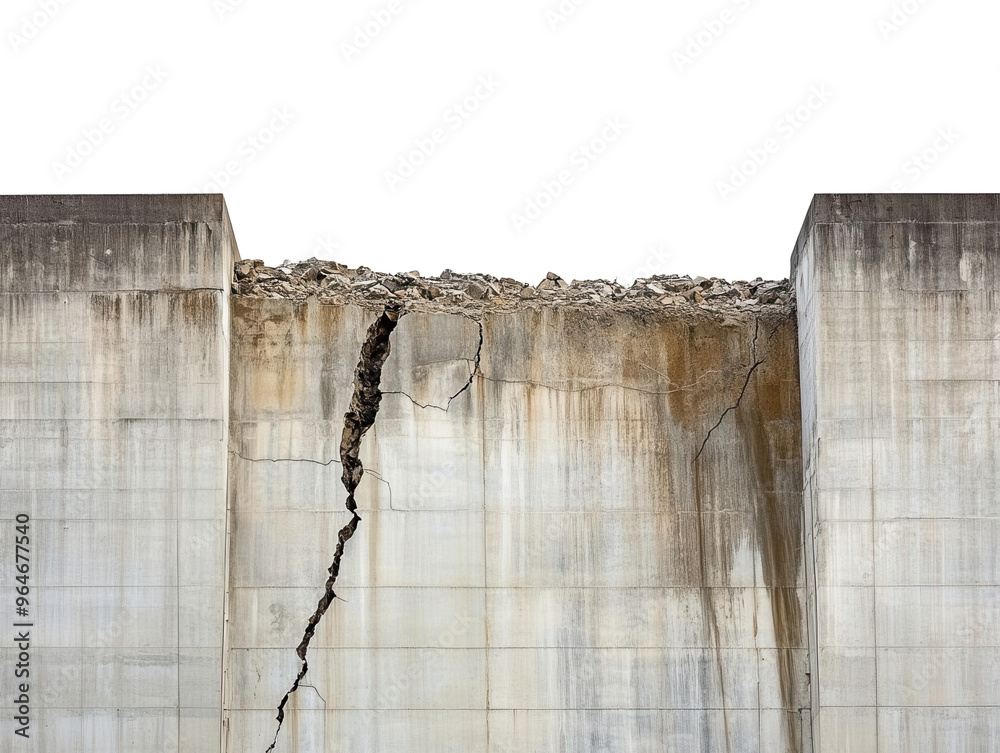 A cracked dam wall showing failure on transparent background