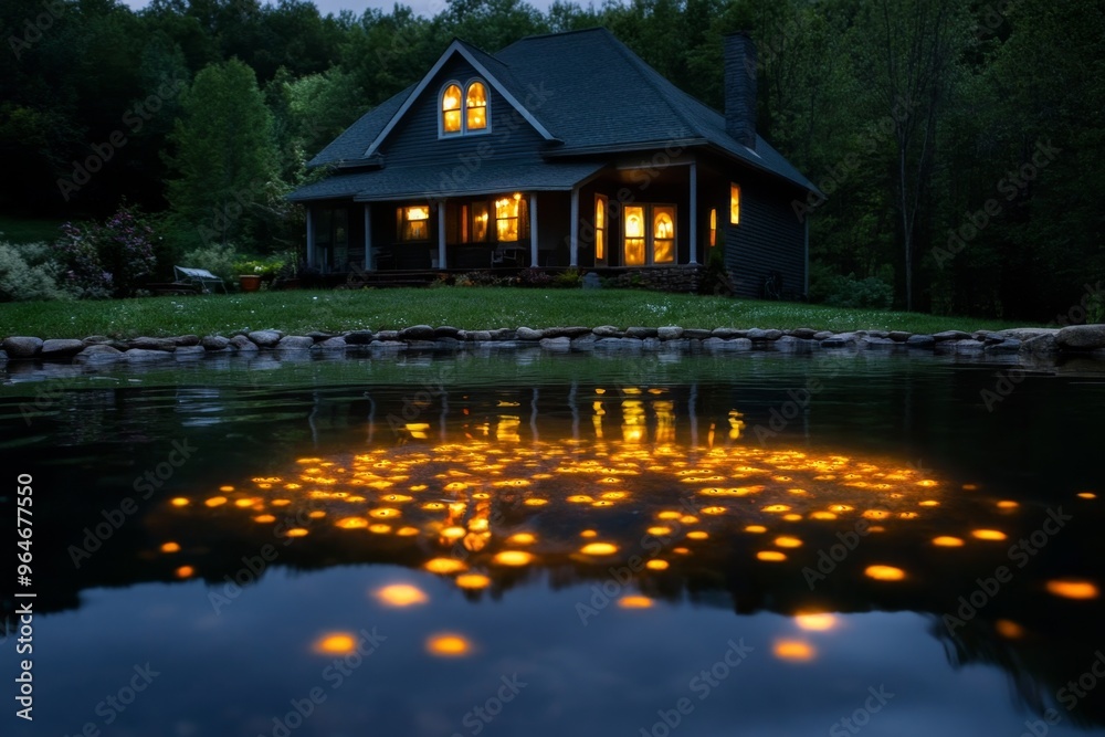 Fototapeta premium Pond with glowing eyes barely visible beneath the surface, watching as visitors approach the spooky house