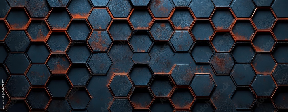 Close-up of a textured hexagonal pattern with a dark metallic finish and rusty highlights, perfect for modern design projects. Close-up of a textured hexagonal pattern with a dark metallic finish and rusty highlights, perfect for modern design projects.
