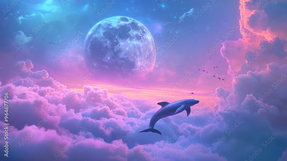 The moon and a whale, beautifully rendered with vibrant colors, meet in a dreamy sky filled with soft clouds. The moon and a whale, beautifully rendered with vibrant colors, meet in a dreamy sky filled with soft clouds.