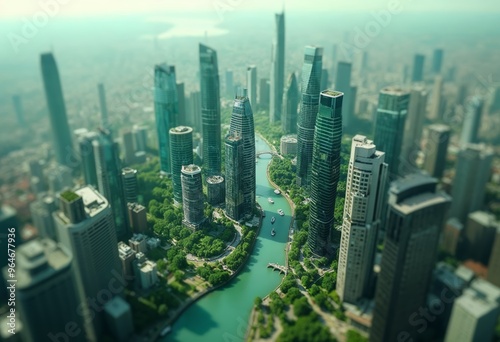 Aerial View of a Modern Cityscape with Skyscrapers and Greenery Along a River