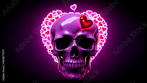 Fusion of Love and Death: A Glossy 3D Composition of Hearts and Skulls Blending Valentine's Day Affection with Día de Muertos Symbolism, Exploring the Duality of Life and Death