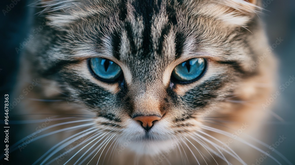 Close-up of a cat with striking blue eyes and detailed fur patterns. Close-up of a cat with striking blue eyes and detailed fur patterns.