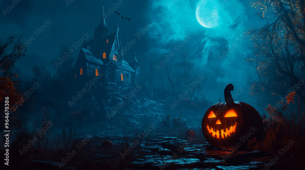Halloween background with pumpkins and haunted house - 3D render. Halloween background with Evil Pumpkin. Spooky scary dark Night forrest. Holiday event halloween banner background concept Halloween background with pumpkins and haunted house - 3D render. Halloween background with Evil Pumpkin. Spooky scary dark Night forrest. Holiday event halloween banner background concept
