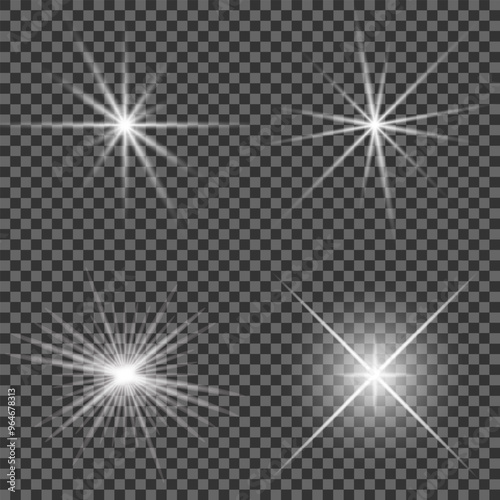 Glowing light bursts with sparkles. Glow light effect set, lens flare, explosion, glitter, line, sun flash, spark and star. Abstract image of lighting flare and white stars. Vector illustration