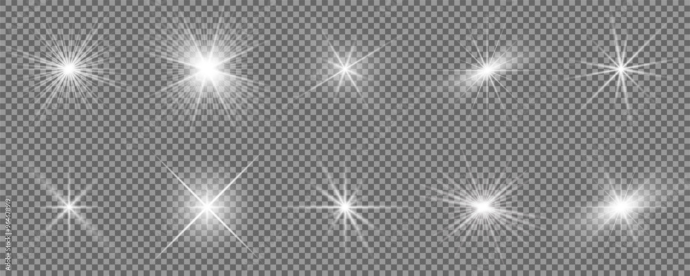 Glowing light bursts with sparkles. Glow light effect set, lens flare, explosion, glitter, line, sun flash, spark and star. Abstract image of lighting flare and white stars. Vector illustration Glowing light bursts with sparkles. Glow light effect set, lens flare, explosion, glitter, line, sun flash, spark and star. Abstract image of lighting flare and white stars. Vector illustration