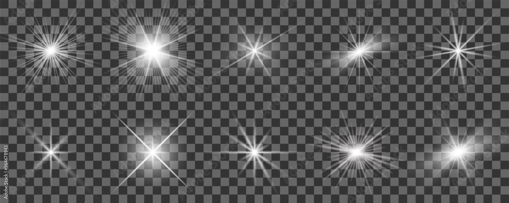 Glowing light bursts with sparkles. Glow light effect set, lens flare, explosion, glitter, line, sun flash, spark and star. Abstract image of lighting flare and white stars. Vector illustration Glowing light bursts with sparkles. Glow light effect set, lens flare, explosion, glitter, line, sun flash, spark and star. Abstract image of lighting flare and white stars. Vector illustration