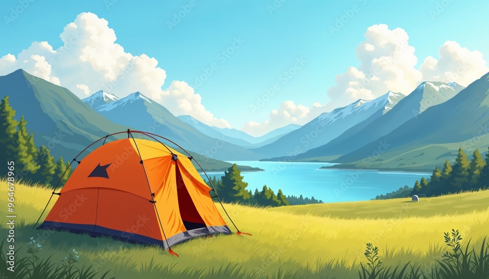 A Vibrant Camping Scene with a Bright Orange Tent Set Against a Scenic Mountain View