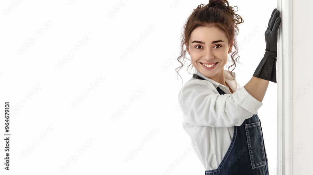 Young beautiful cleaning lady on a white background with its own place for your text. House or office cleaning concept. Young beautiful cleaning lady on a white background with its own place for your text. House or office cleaning concept.