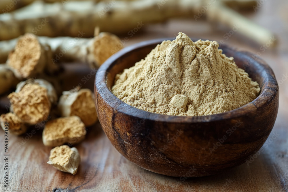 Burdock root powder displayed in a wooden bowl with burdock root pieces out of focus in the background Burdock root powder displayed in a wooden bowl with burdock root pieces out of focus in the background