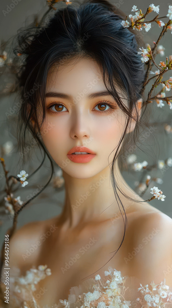 Elegant Portrait of Beautiful Asian Woman Surrounded by Blossoms in Spring Setting, Capturing Natural Beauty, Youthful Grace, Serene Expression, Perfect for Fashion and Lifestyle Photography Searches Elegant Portrait of Beautiful Asian Woman Surrounded by Blossoms in Spring Setting, Capturing Natural Beauty, Youthful Grace, Serene Expression, Perfect for Fashion and Lifestyle Photography Searches