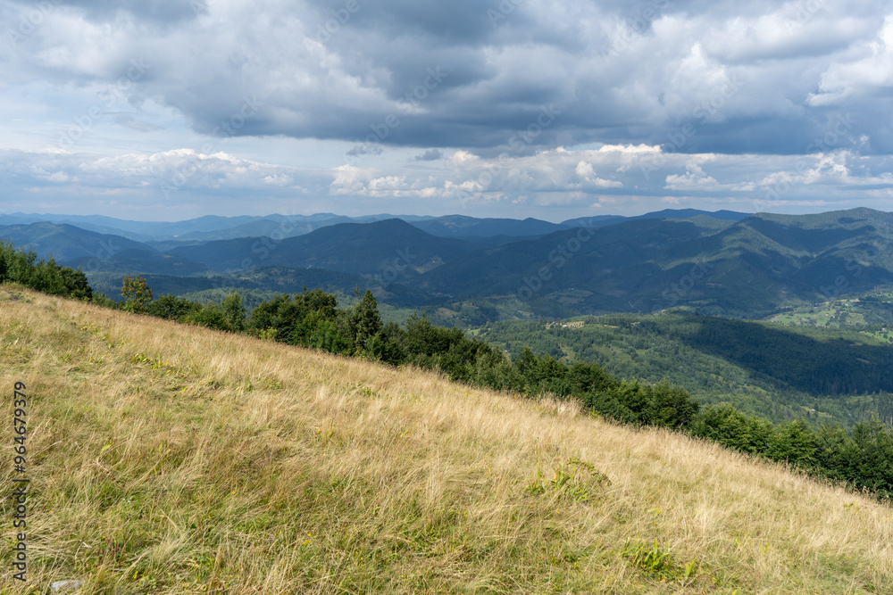 Mountains ranges Carpathian. Hill forest and meadows valley in summer. Cloud sky Mountains ranges Carpathian. Hill forest and meadows valley in summer. Cloud sky