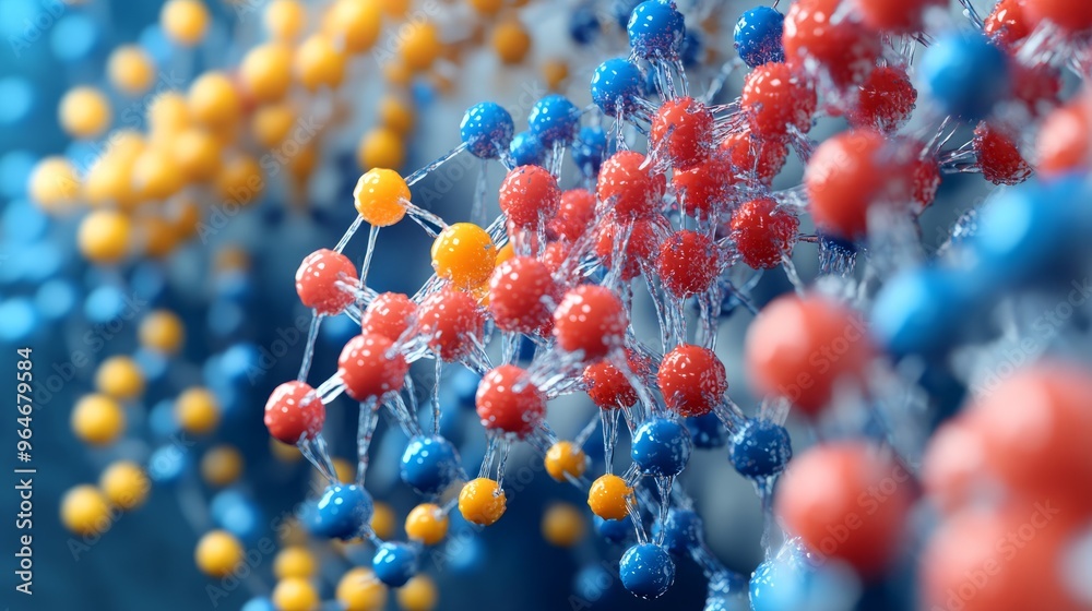 Abstract Molecular Structure with Red  Blue  and Yellow Spheres