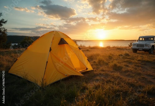 Beautiful Sunset Camping Scene with a Yellow Tent Near a Lake and Classic Vehicle